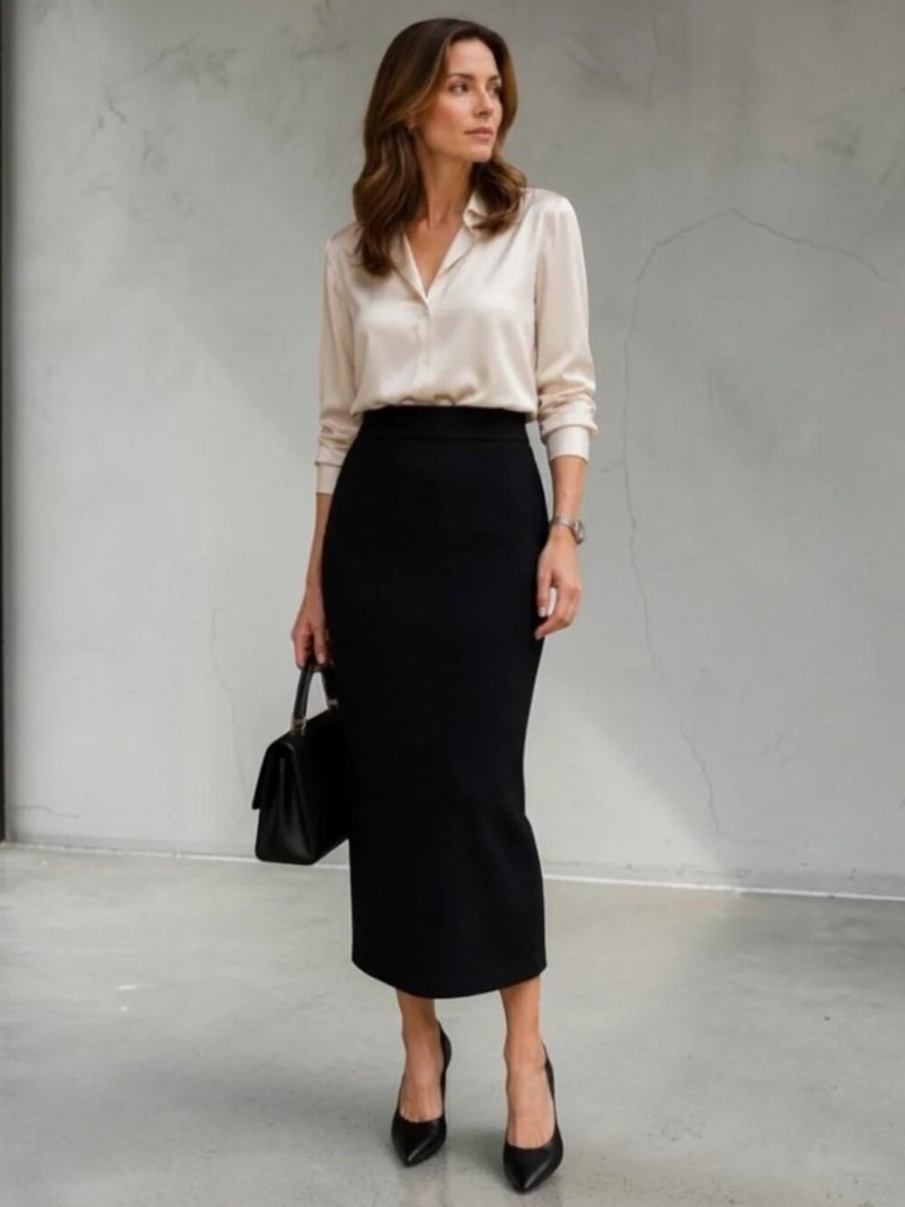 ST. JOHN Santana Knit Maxi Skirt Black Stretch Pull-on Back Slit size 12 Preppy